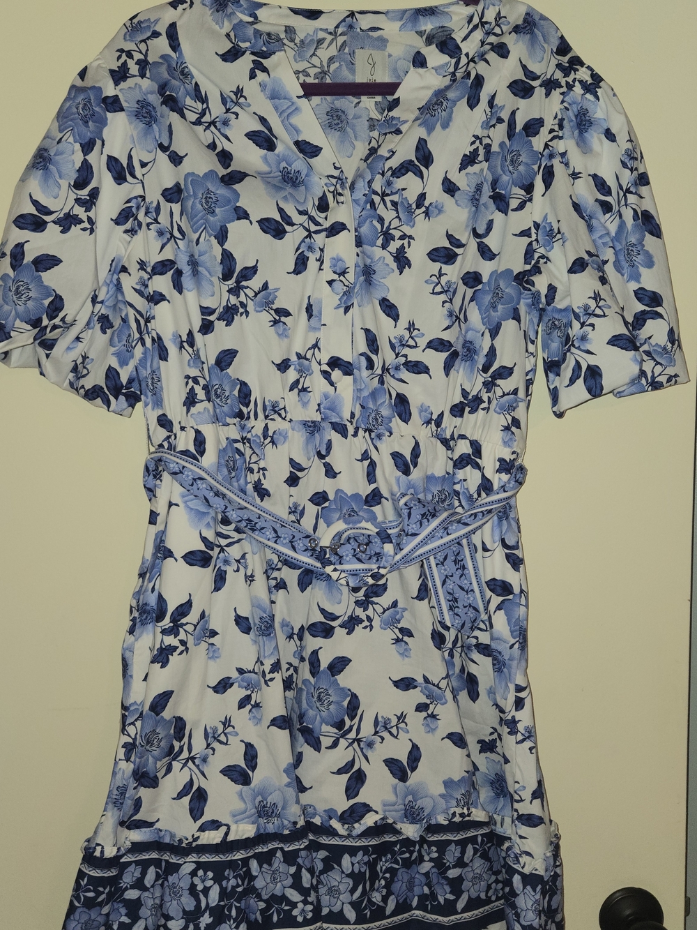 Joie White Dress with Blue Floral Print and Waist Tie, Worn Once